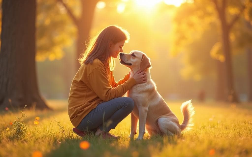 Pessoa reencontrando seu cachorro em um parque, abraços e alegria
